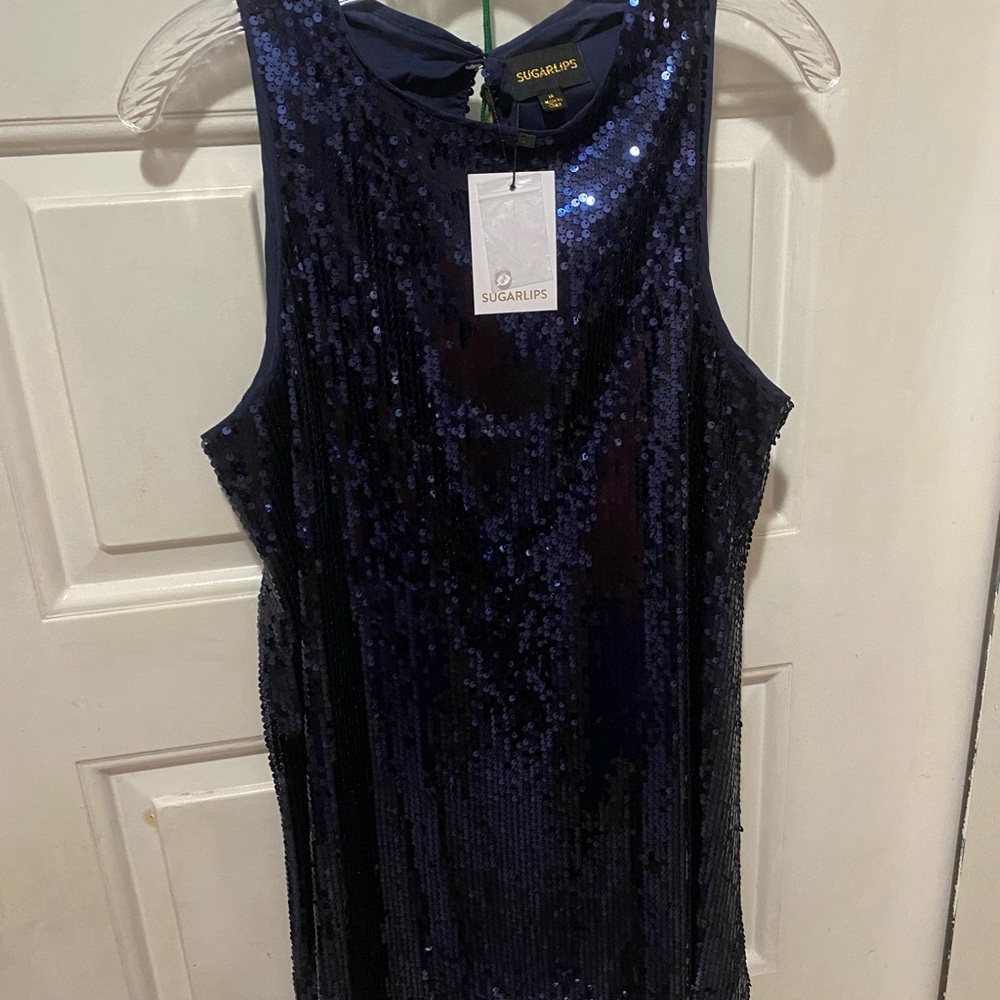 “Party Dress” Sequins Shimmering Midnight Blue Mini Dress by Sugarlips - Picture 6 of 11